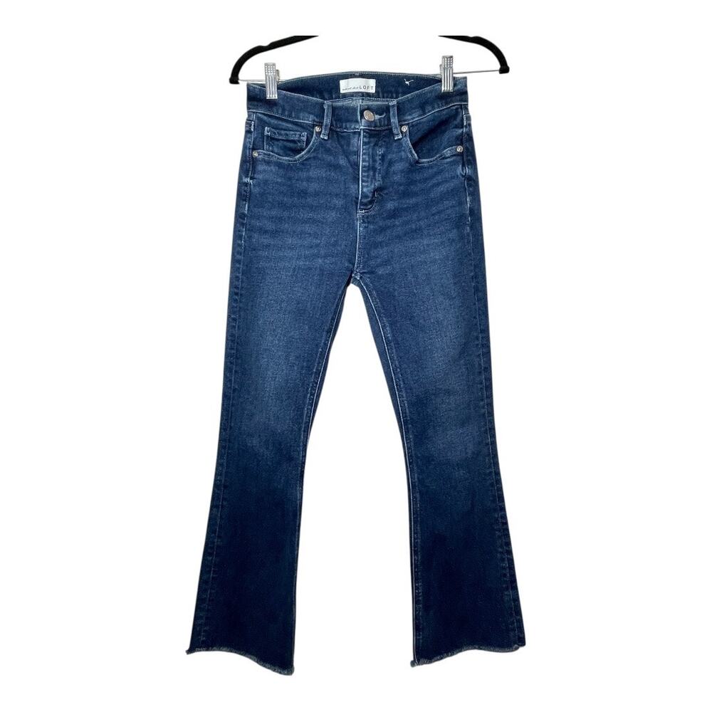 LOFT High Waisted Flare Crop Denim Jeans Size 24 00 Raw Hem Zip Fly Dark Stretch
